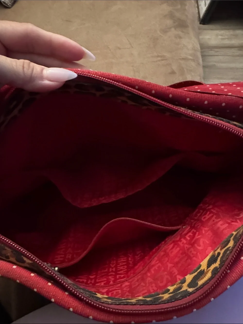 Harveys Leopard Print Crossbody with Red Polka-Dot Strap